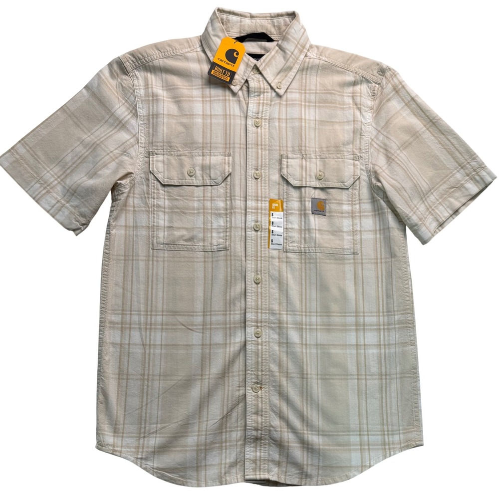 Carhartt Mens Loose Fit Midweight Short Sleeve Plaid Shirt Tan Small
